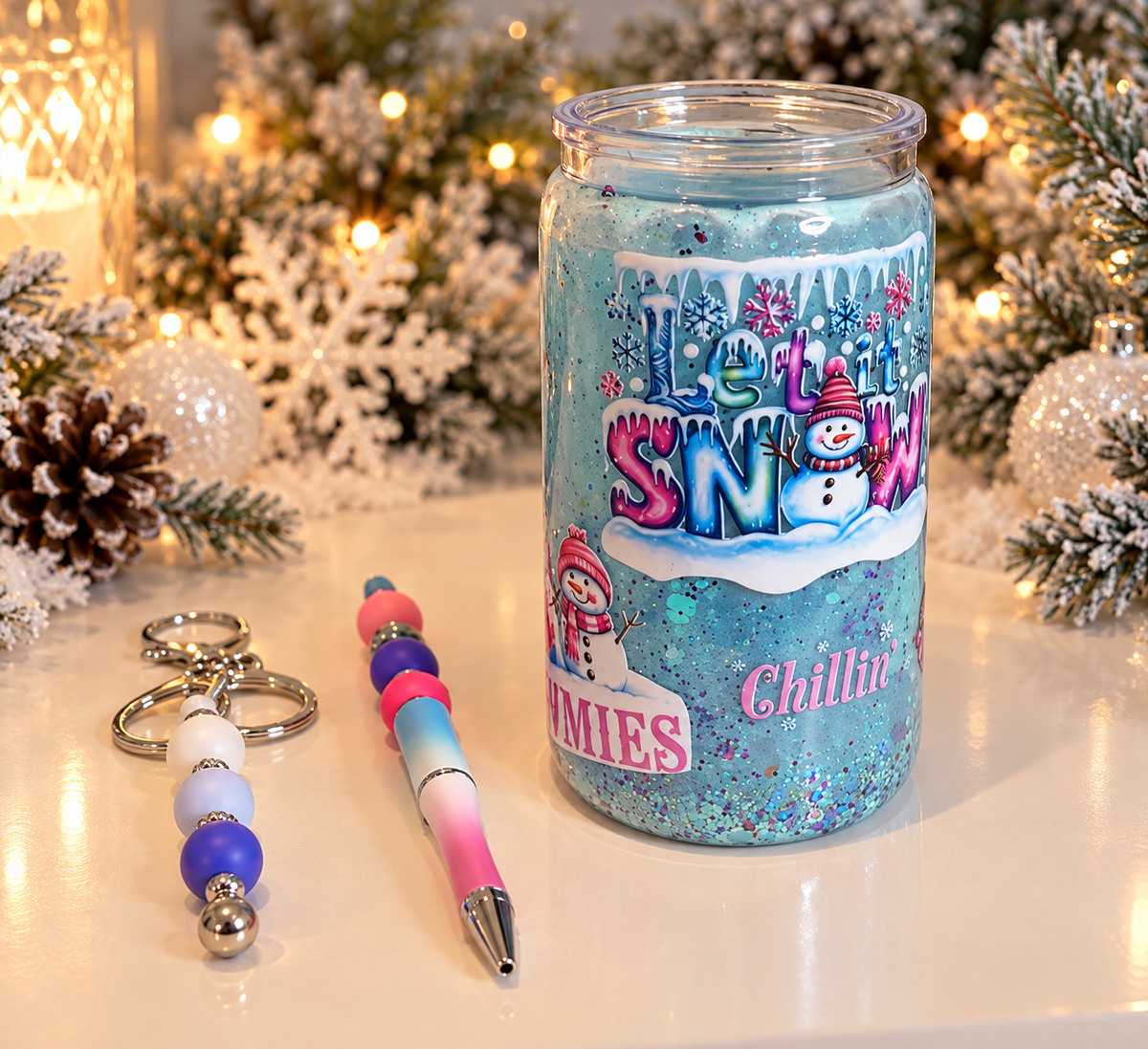 16oz Premade Let It Snow Glitter Tumbler – Winter Wonderland Collection ❄️🩵