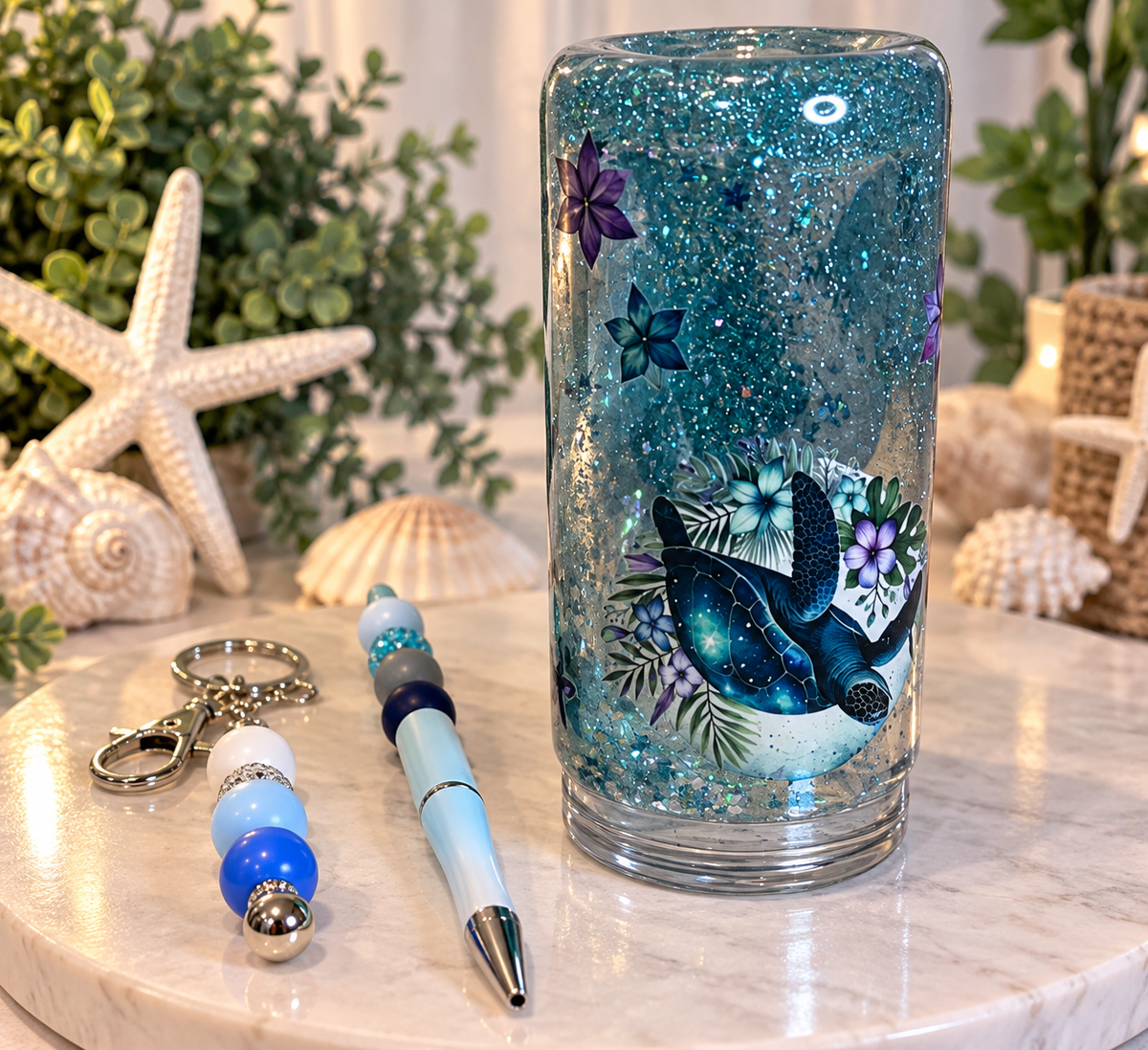 16oz Premade Blue Sea Turtle Glitter Tumbler – Ocean Dreams Collection 🐢🩵
