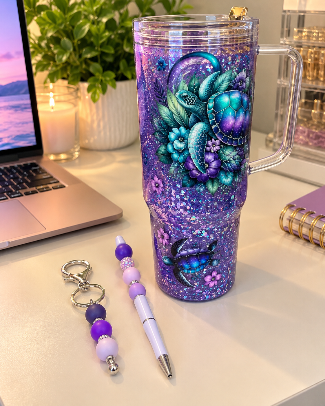 Purple Sea Turtle Glitter Tumbler Set – Cup, Beaded Pen & Keychain
