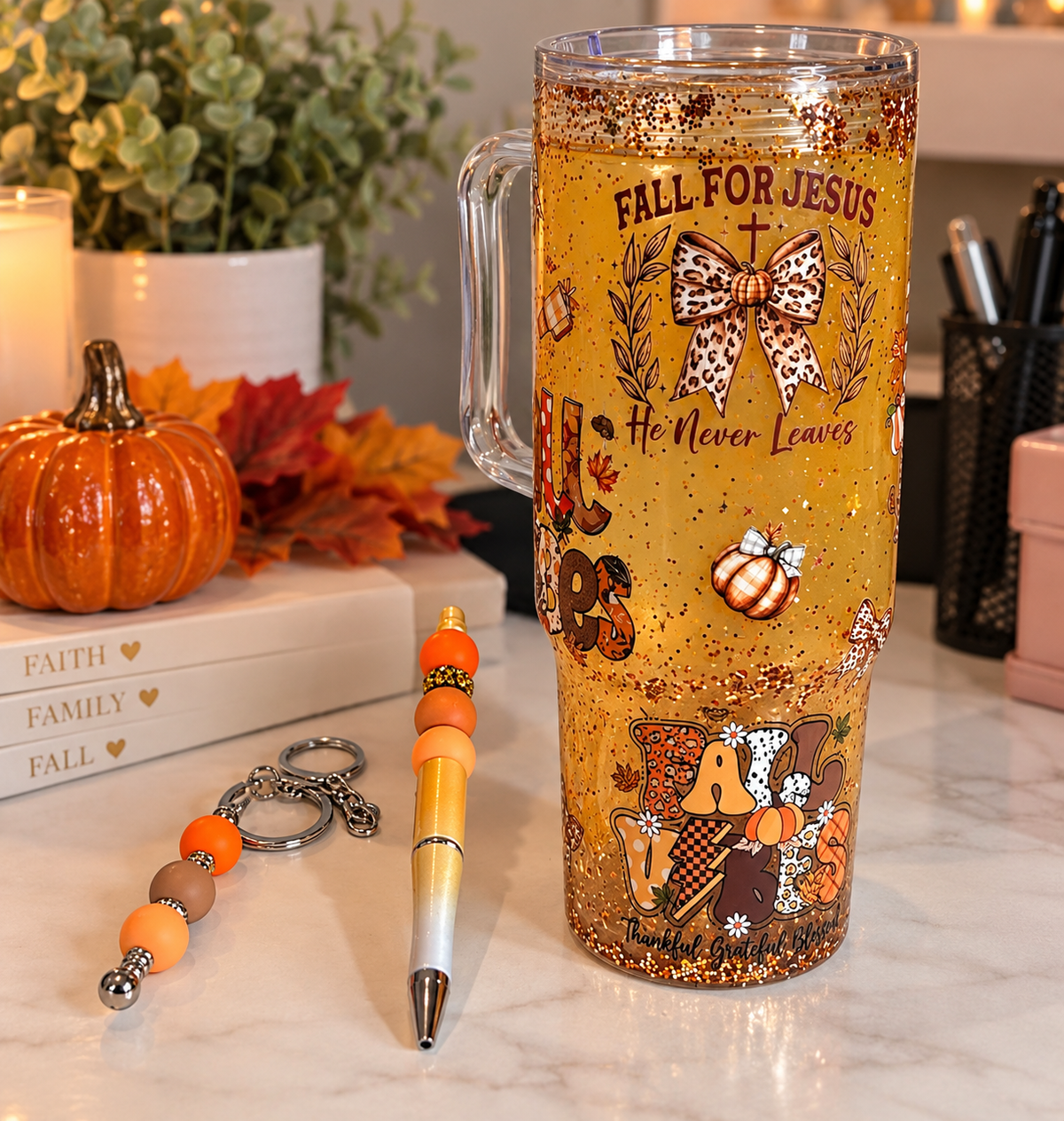 40oz Premade Fall for Jesus Glitter Tumbler – Autumn Faith Collection 🍂✝️