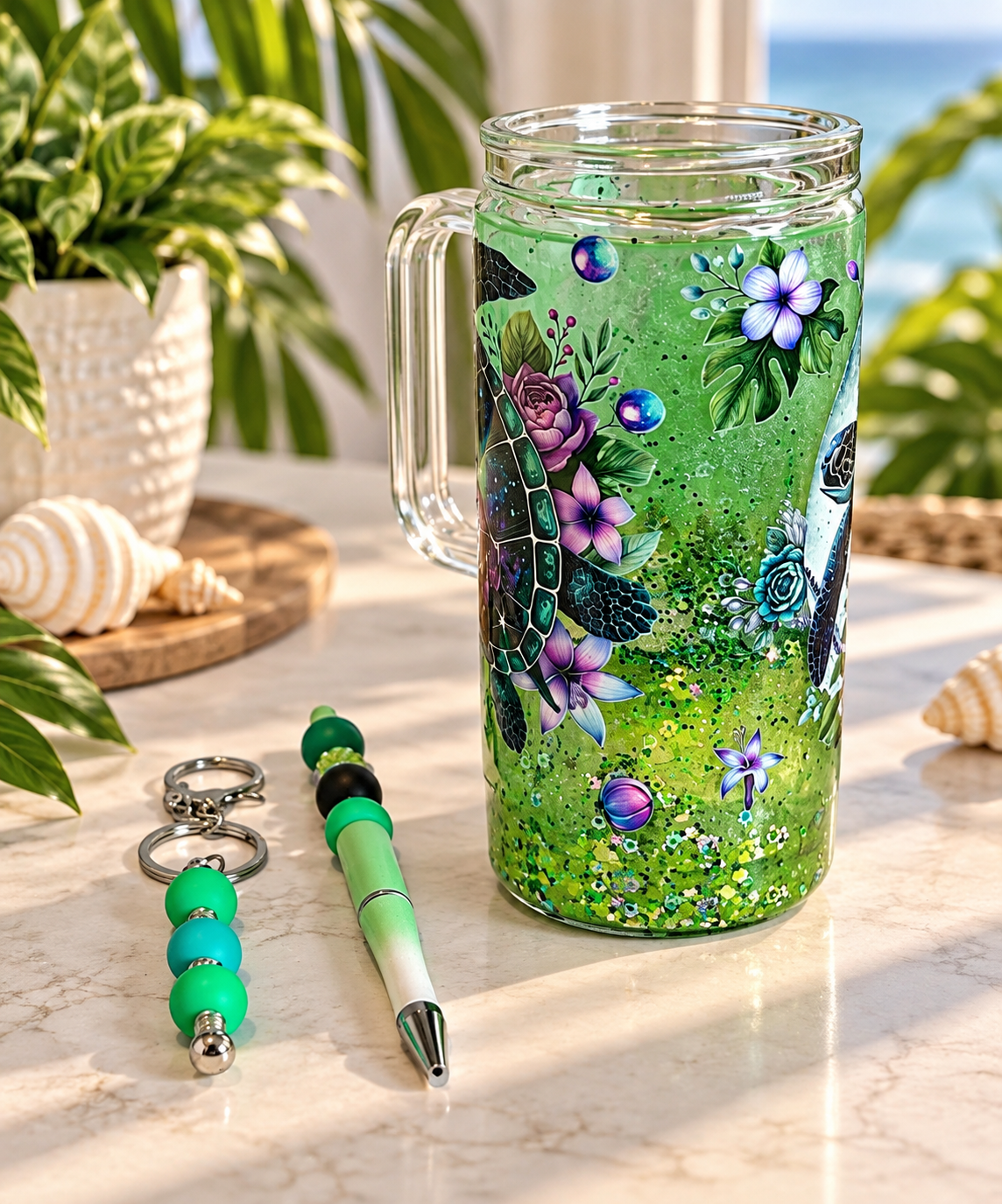 16oz Premade Green Floral Glitter Tumbler – Garden Sparkle Collection 💚✨