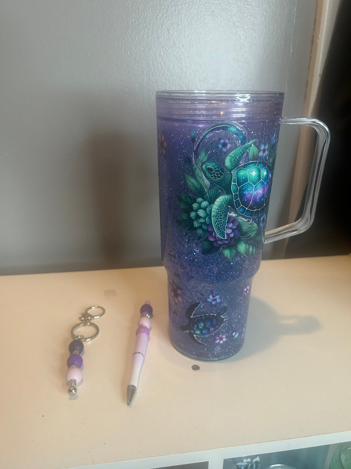 Purple Sea Turtle Glitter Tumbler Set – Cup, Beaded Pen & Keychain